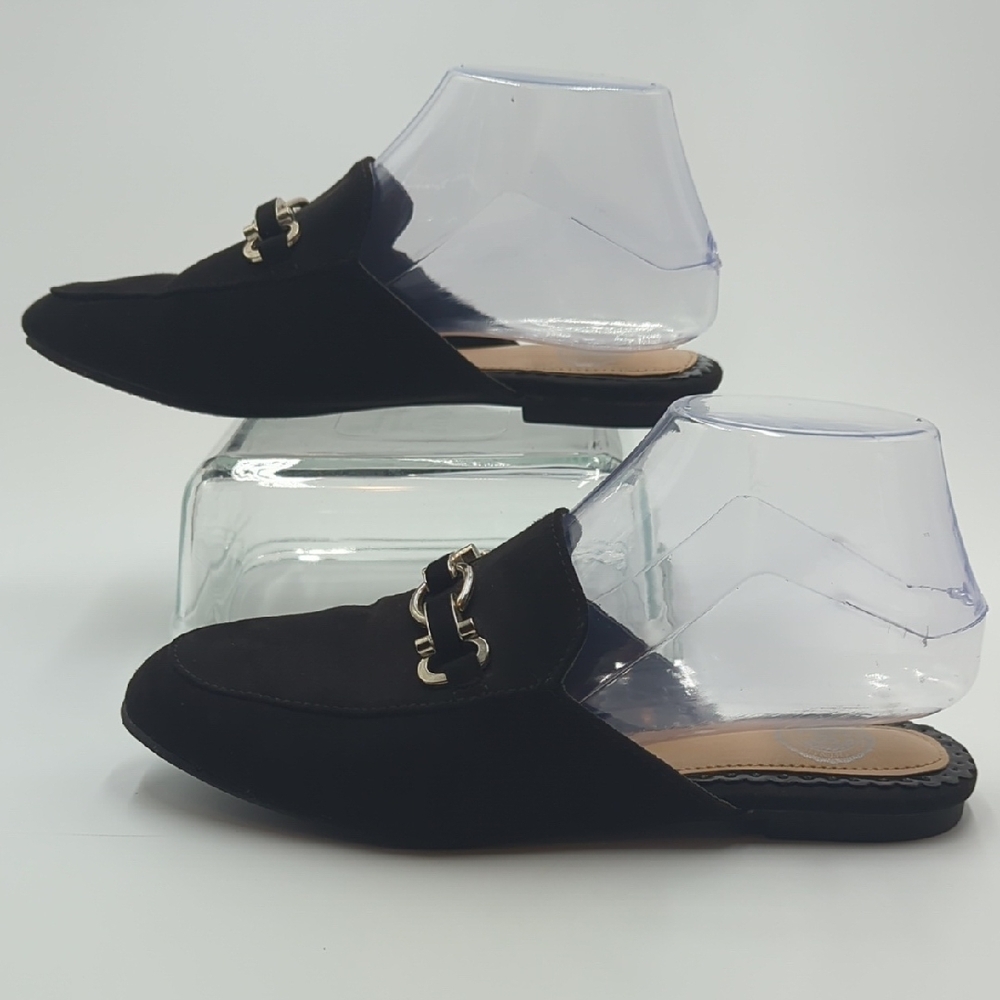 SO Women's Black Loafers Mules 6.5M Faux Suede Slip On Buckle Almond Toe Casual